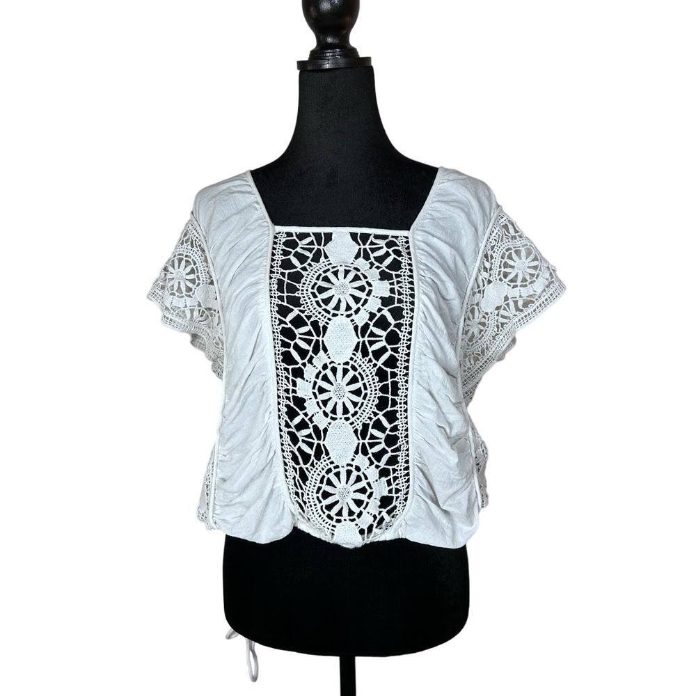 Free People Boho White Crocheted Crop Top Square Neck Short Sleeve Size S